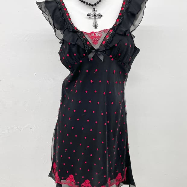 블랙 레이스 도트 프릴 슬립