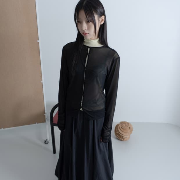 우화 가디건 블랙 검정 WRINKLE MESH CARDIGAN BLACK