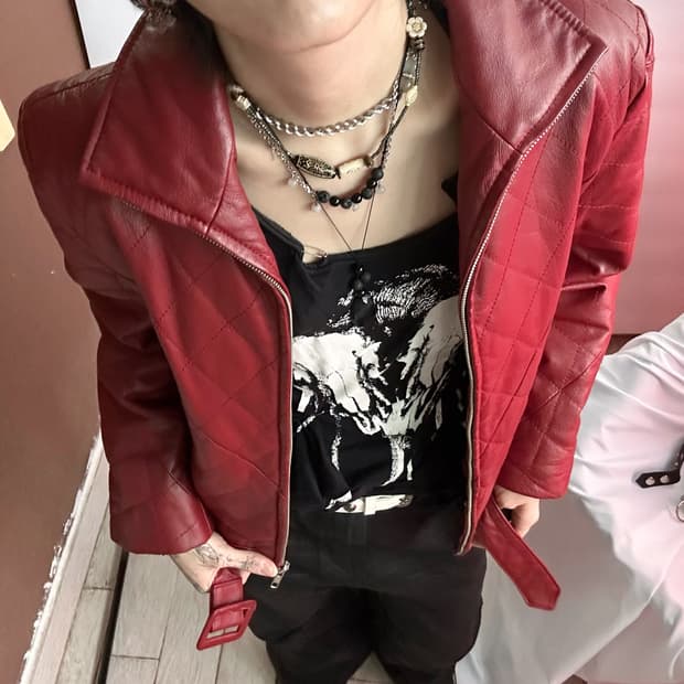 real leather half-neck zip-up jacket