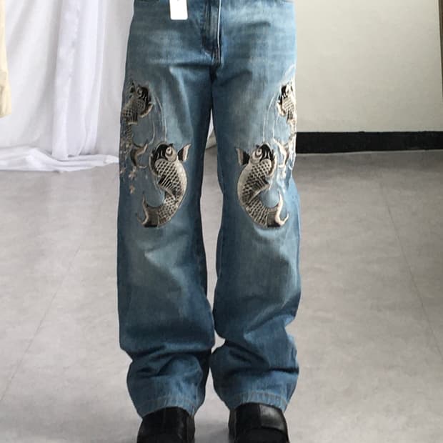 Oriental needle work denim pants