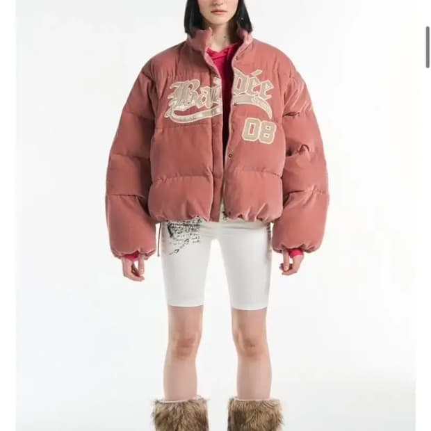 배디 벨루어 바시티 패딩자켓 핑크