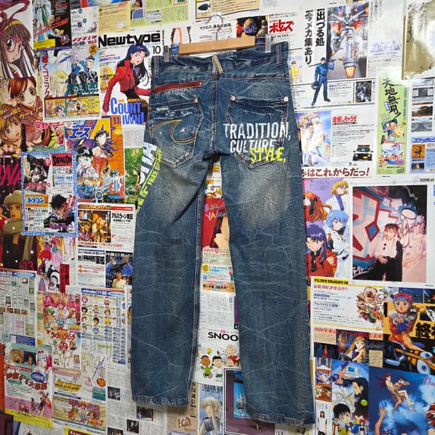 JPN 빈티지 프린팅 워싱 데미지 데님 팬츠