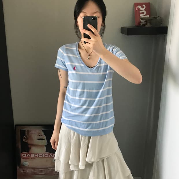 폴로 랄프로렌 포니 로고 스트라이프 브이넥 반팔티