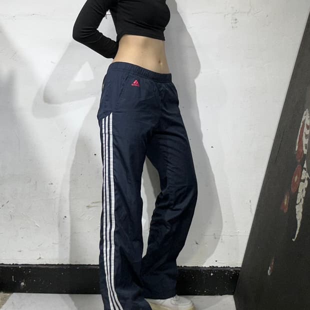아디다스 핑크 로고 네이비 화이트 삼선 트레이닝 바지 트랙 팬츠 S