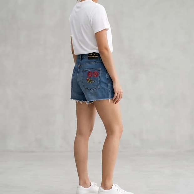[26]구찌 정품 로즈 & GG 자수 데님 반바지