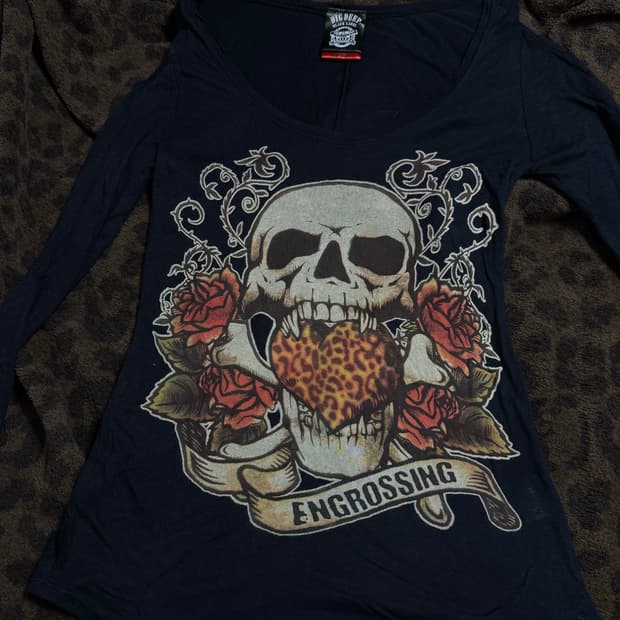 빈티지 펑크 디그딥 검정 블랙 해골 슬리브 티셔츠