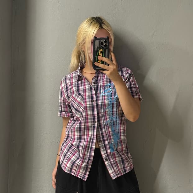 lettering point check pattern shirt