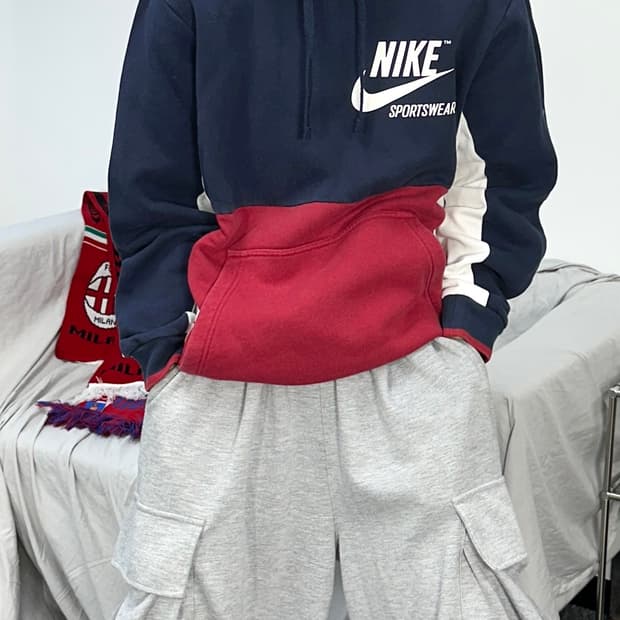 나이키 네이비 레드 배색 후드티 2XL