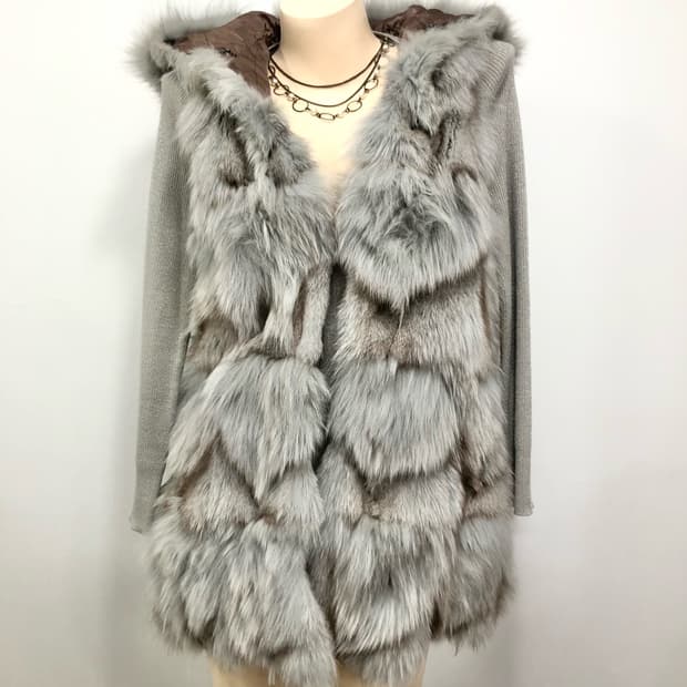 gray brown hooded fur vest