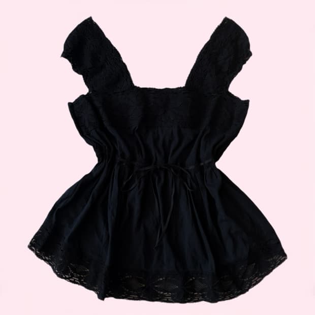 블랙 히메갸루 레이스 디테일 리본 포인트 대장 나시 티 