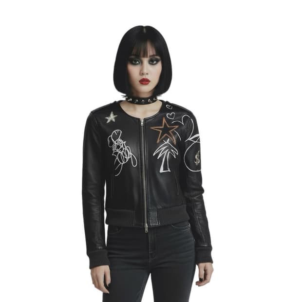 Skoloct  페인티드 여성 크롭 양가죽 바이커자캣