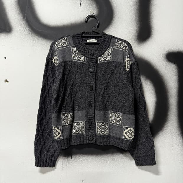 VTG 빈티지 울 100% 노르딕 패턴 꽈배기 니트 가디건