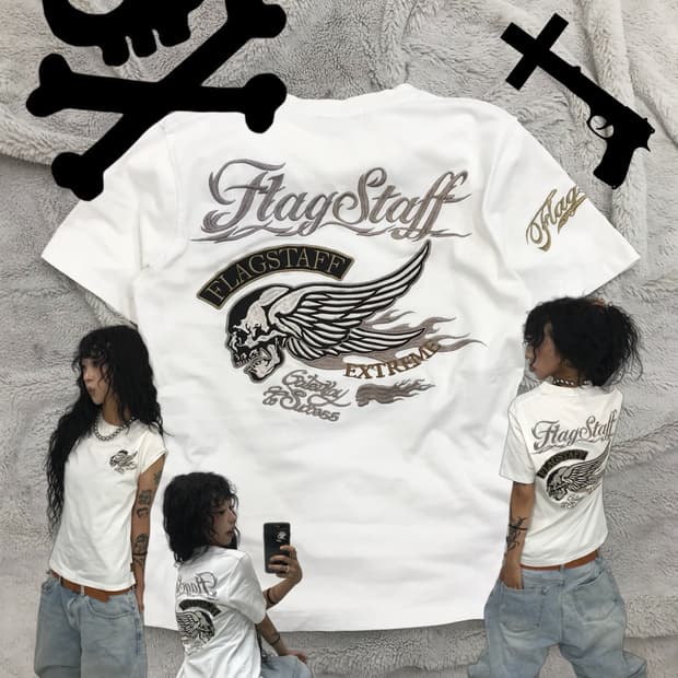 < Flag Staff Skull Embroidery T-shirt >