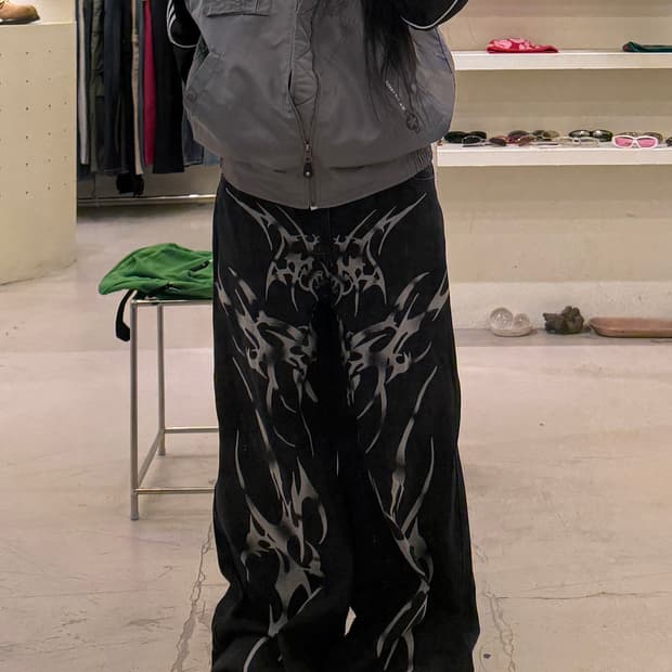 그래픽 프린트 와이드 데님 팬츠 U1186