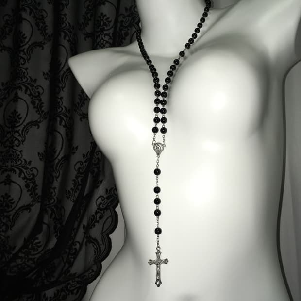 Vintage 핀터레스트 나나 블랙 십자가 로자리오 묵주 목걸이