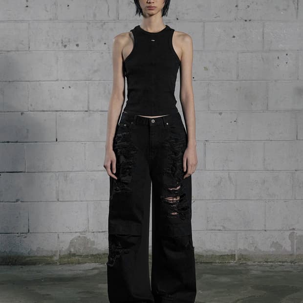 [새상품] 보헤미안서울 보헴서 니 오픈 립트 와이드 데님팬츠 블랙