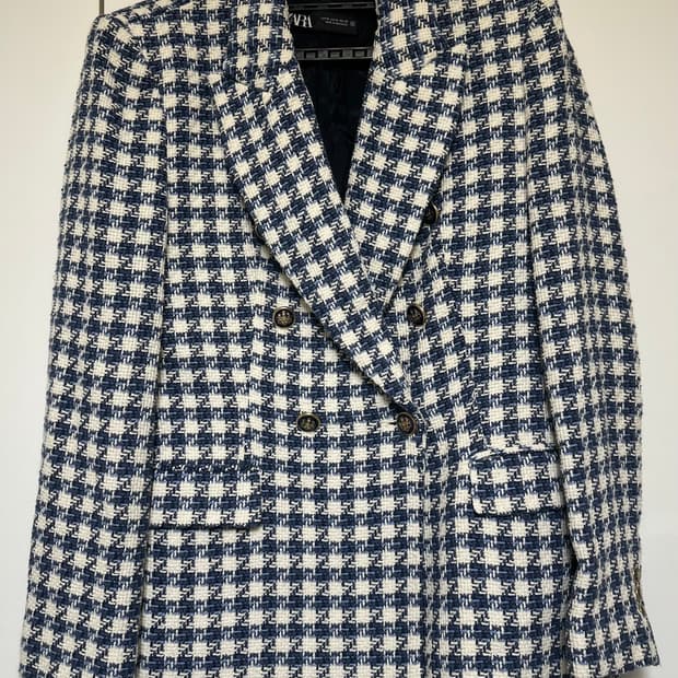 자라 네이비 화이트 체크 트위드 자켓