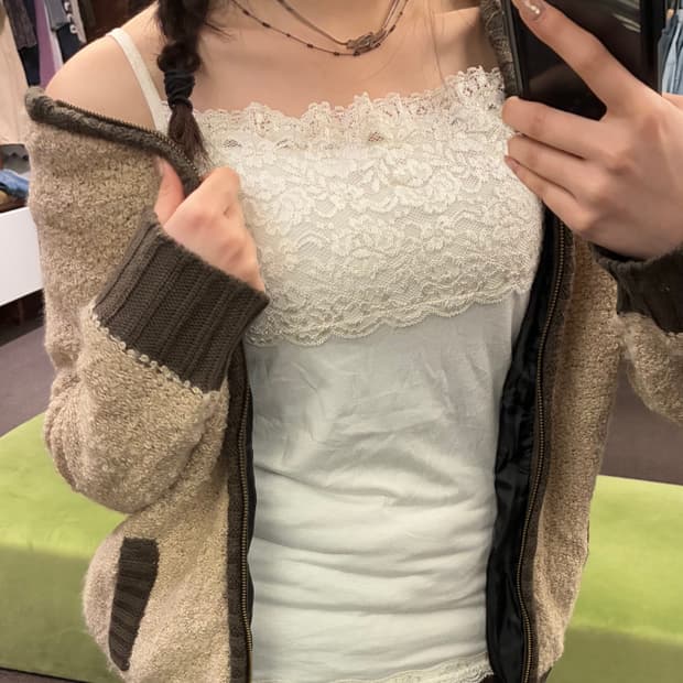 M)Japanese vintage 여성 레이스 디테일 화이트 슬리브리스