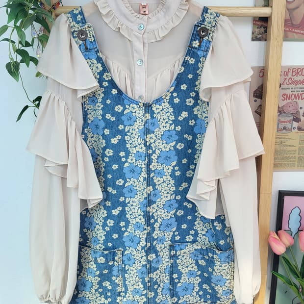 플라워 데님 멜빵 원피스