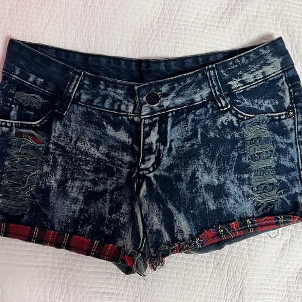 빈티지 펑크 락시크 체크 워싱 데님 반바지 숏츠