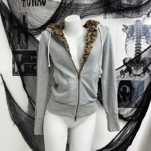 Leopard fur twoway hood zip up