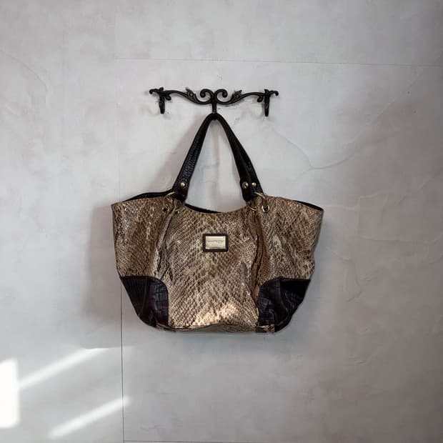 Anne Klein beige brown python tote bag