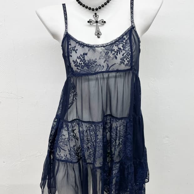 네이비 레이스 레이어드 슬립