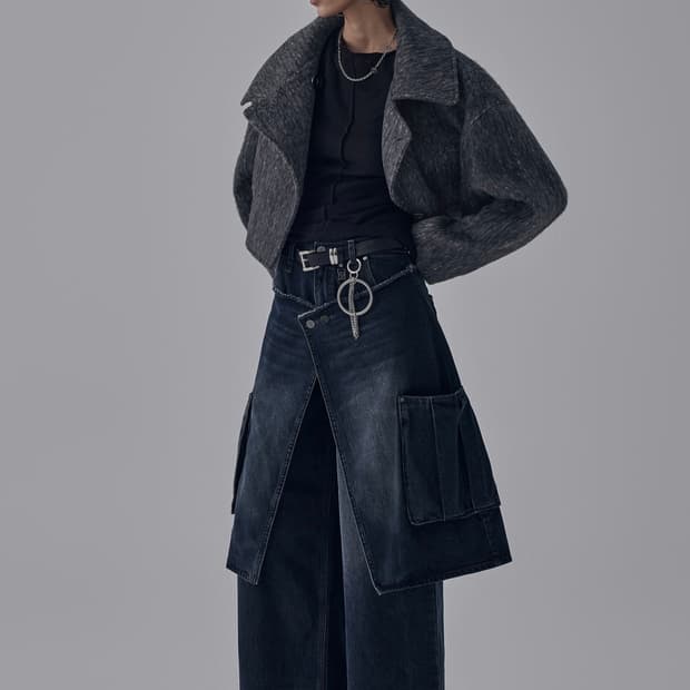 (!!코트만!!)트리밍버드 숏코트 후디 머플러 셋업 크롭 코트 차콜