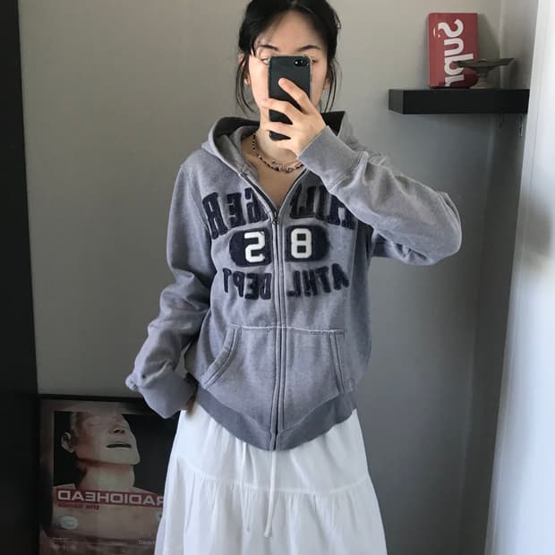 타미힐피거 자수 로고 그레이 후드집업