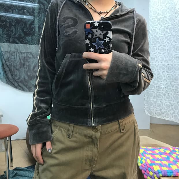 시슬리 여성 빈티지 벨벳 후드집업 