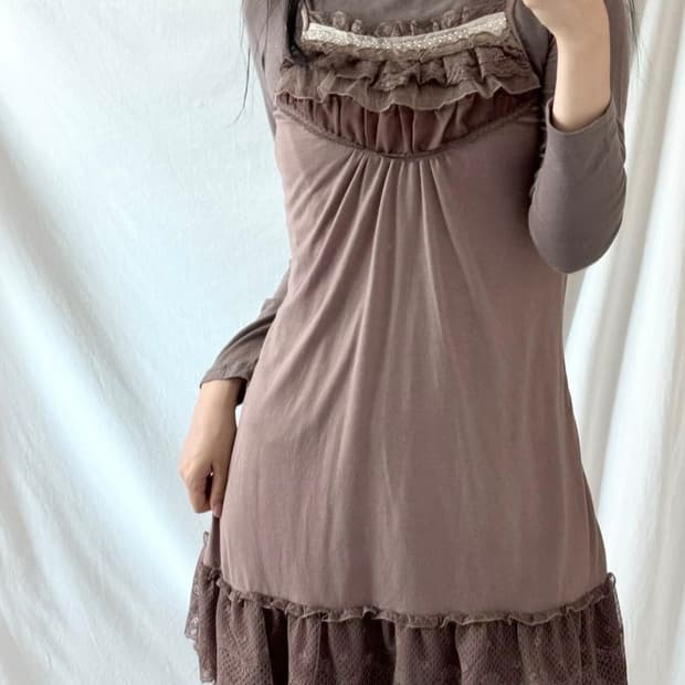 엑시즈팜 AXES FEMME 브라운 레이스 캉캉 나시 원피스 슬리브리스