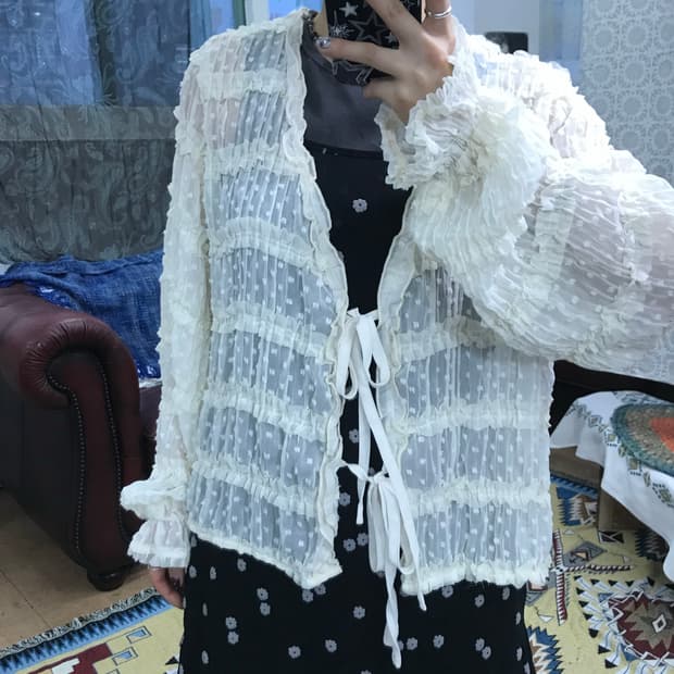 빈티지 여성 프릴 도트 시스루 가디건 (Z1027)