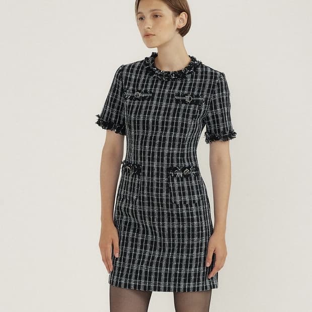 루시르주 체크 트위드 원피스 블랙 M