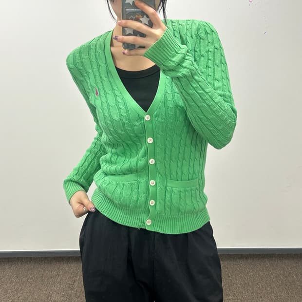 Polo 폴로 핑크포니 그린 브이넥 케이블 니트 가디건 