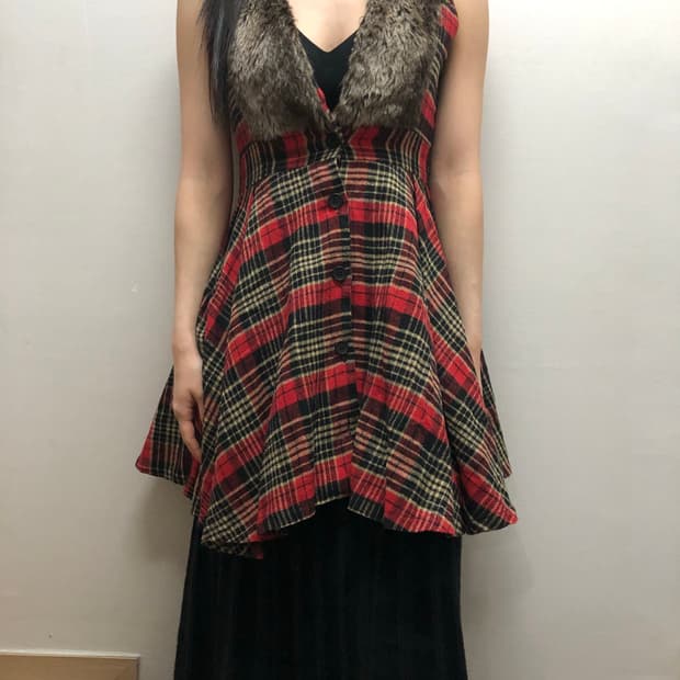 빈티지 레드 체크 퍼 원피스