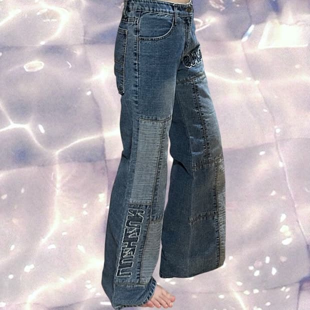 90s y2k 리우지준 빈티지 자수 부츠컷 와이드 데님 팬츠 28  