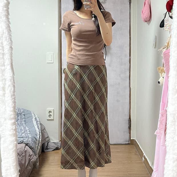 빈티지 초코나무 숲 로걀 체크 스커트 치마 달천깔 라떼 히메갸루 긱시크