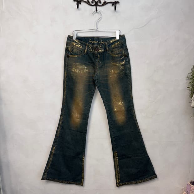 Metallic gold denim bootscut pants