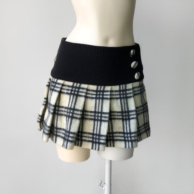 울 크림 체크 플리츠 미니 스커트 
