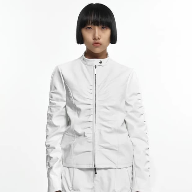 NACHE SHIRRING LEATHER JACKET IVORY 