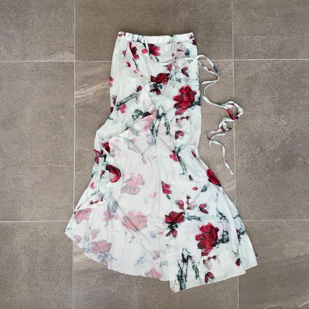 Sky blue oriental floral ruffle satin sk