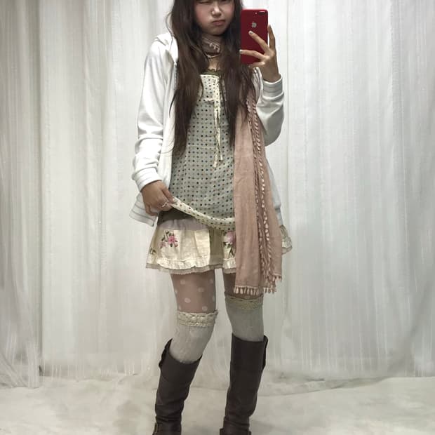 쥬시꾸뛰르 후드집업 카키 도트 하구미 코디세트