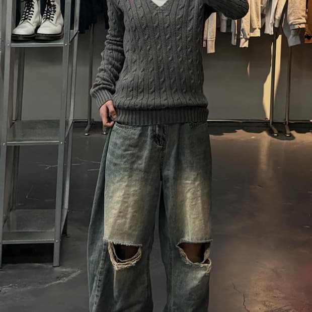 폴로랄프로렌 스포츠 핑크포니 꽈배기 브이넥 그레이니트 A3568