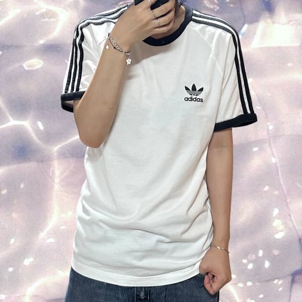 아디다스 화이트 블랙 링거 반팔 티셔츠 L