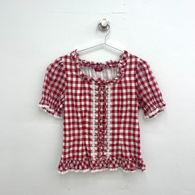 Pink House red gingham lace-up blouse