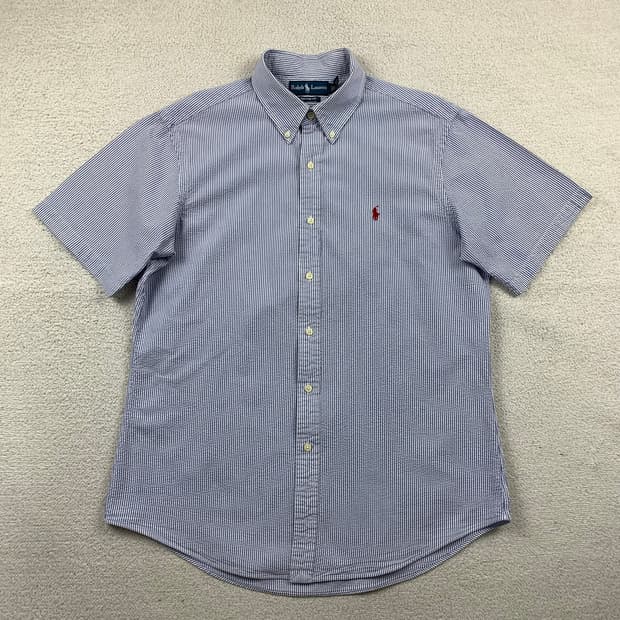 폴로 랄프로렌 포니로고 커스텀핏 시어서커 네이비 스트라이프 하프셔츠