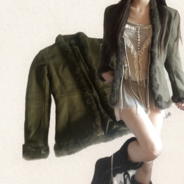 ꧁Daniel green aesthetic fur jacket꧂퍼 자켓