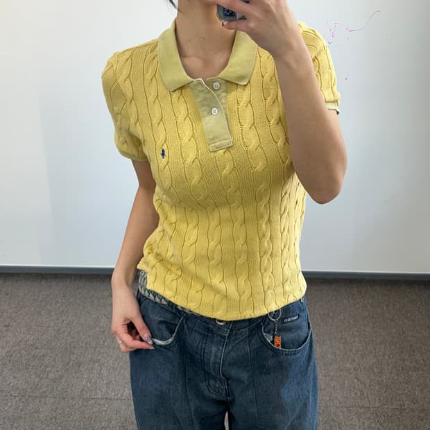 Polo 폴로 네이비 포니 옐로우 케이블 반팔 니트