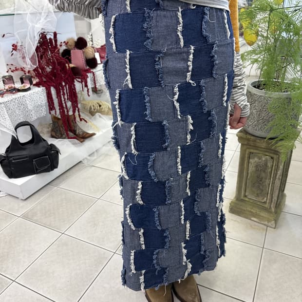 patchwork denim maxi skirt
