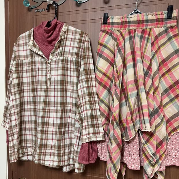 모리걸 빈티지 하구미 목폴라 체크 셔츠 블라우스 잔꽃 스커트 세트